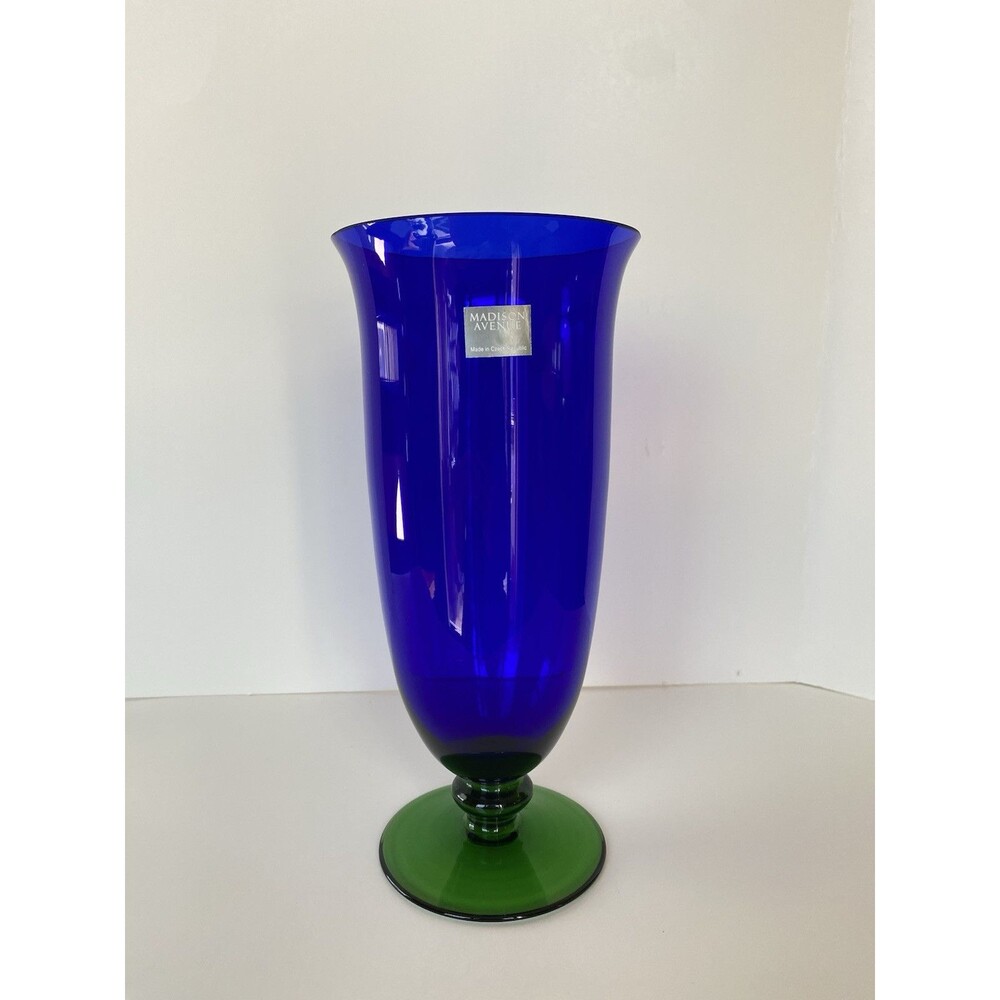 Madison Avenue cobalt blue crystal glass vase with green pedestal made in Czech